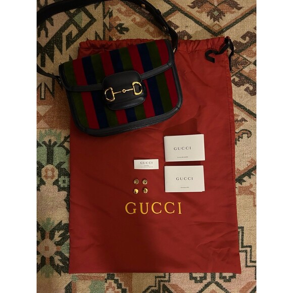 GUCCI Horsebit 1955 Velvet Azalea Calfskin Baiadera Stripe Shoulder Bag in Multi - Picture 10 of 12